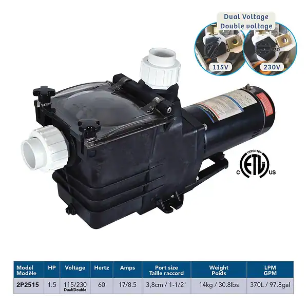 Pompe Olympique 1,5 hp, idéale pour piscines creusées, avec double voltage 115V/230V.