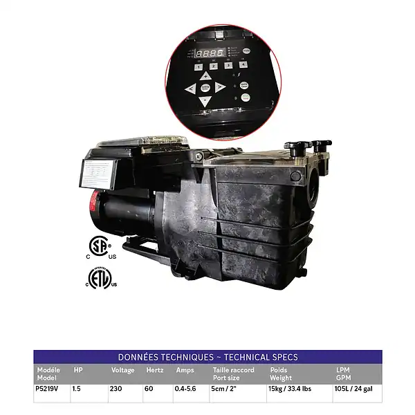 Pompe Olympique 1,5 hp 230V Vitesse variable pour piscine creusée.