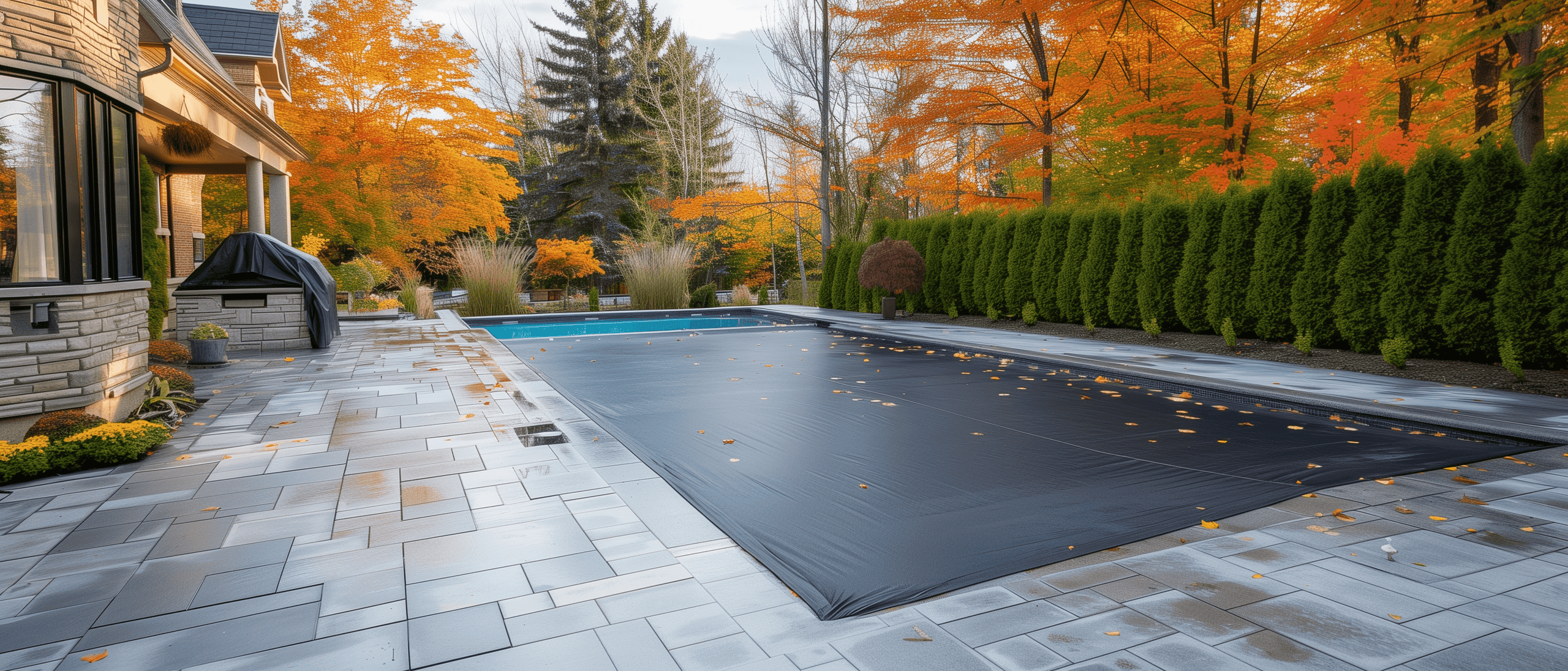 Piscine hors sol en cours de fermeture avec couverture d'automne dans un jardin d'automne.