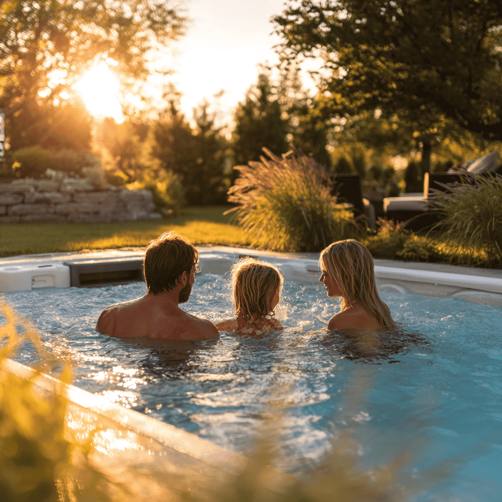 Piscine spa extérieure à Montréal avec famille profitant du soleil et de l'eau chaude.