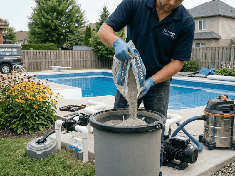 Remplacement de sable de filtre de piscine à Montréal pour une eau claire et propre. Service profess.