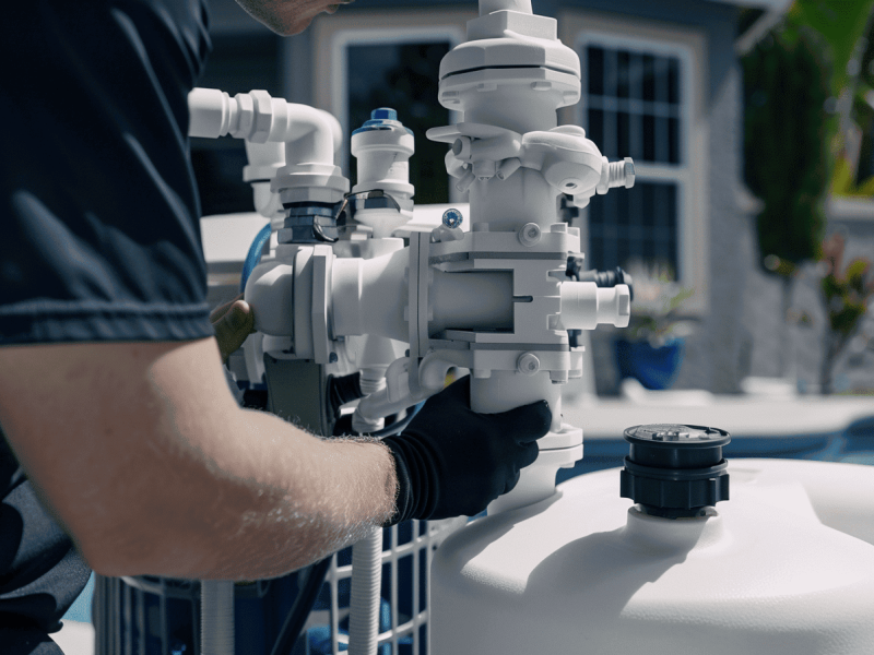 Technicien installant un système de filtration pour piscine à Montréal.