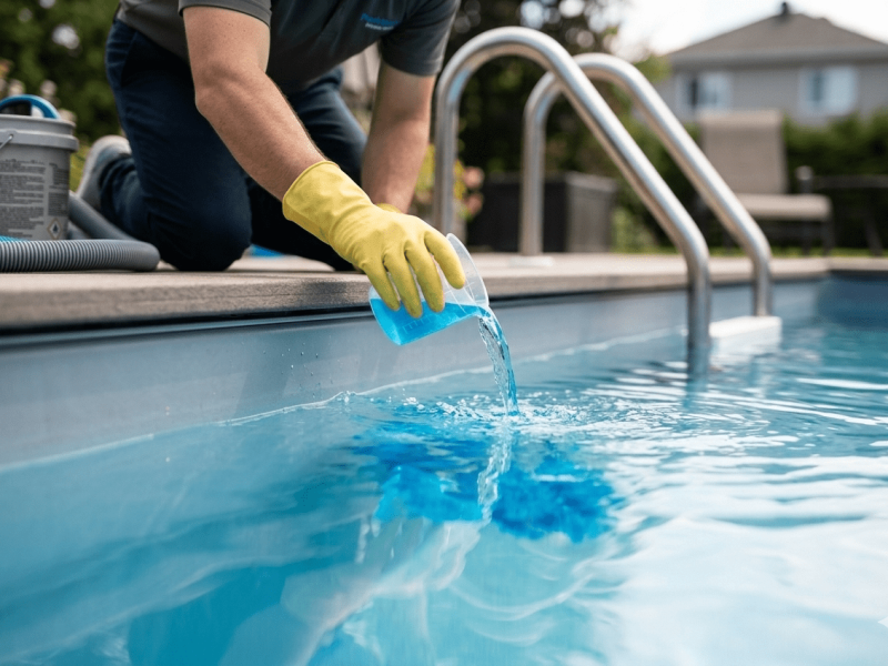 Balayage à l’acide pour ouverture de piscine en béton à Montréal.
