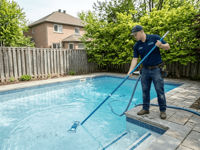 Piscine Spa Montréal - Ouverture de piscine dans un jardin résidentiel.