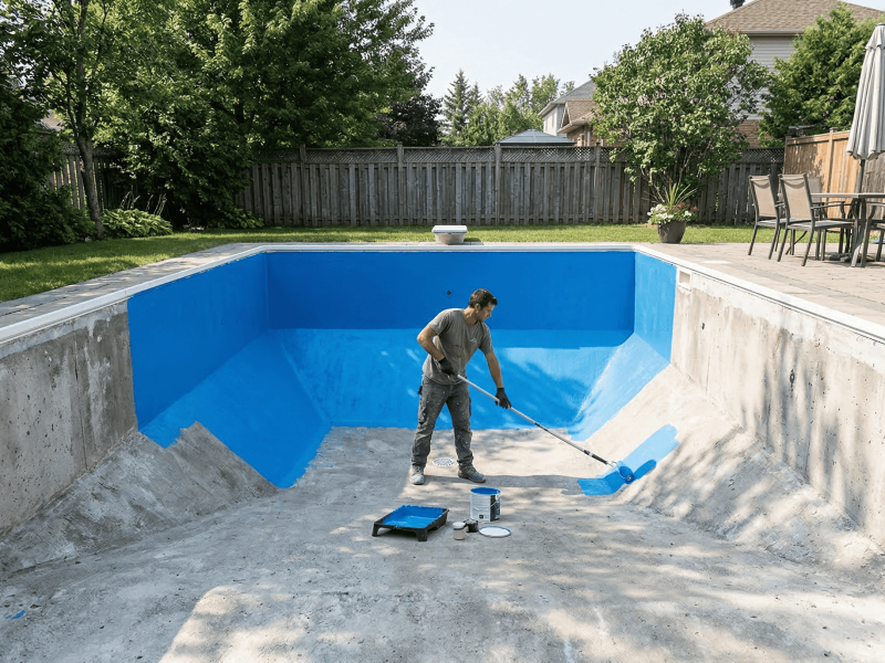 Travaux de peinture de piscine en béton à Montréal.