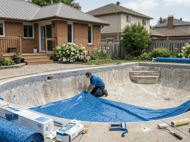 Rénovation de piscine creusée à Montréal avec installation de liner bleu pour une remise à neuf effi.