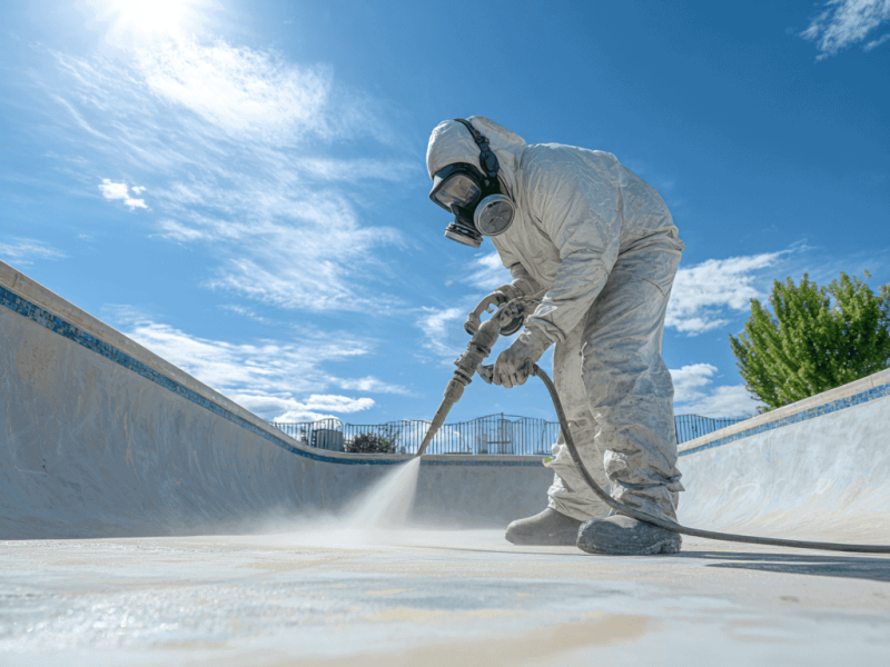 Sablage au jet professionnel pour surfaces de piscines, assurant une finition lisse et propre.