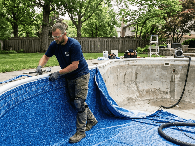 Remplacement de toile pour piscine creusée à Montréal, installation professionnelle pour une piscine.